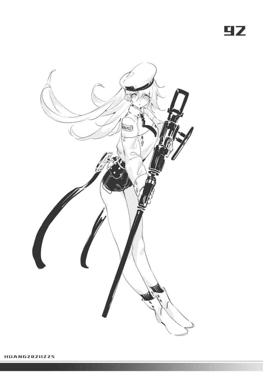 一组动漫角色黑白线稿插画欣赏,描绘了使用巨大武器的女战士,by huang