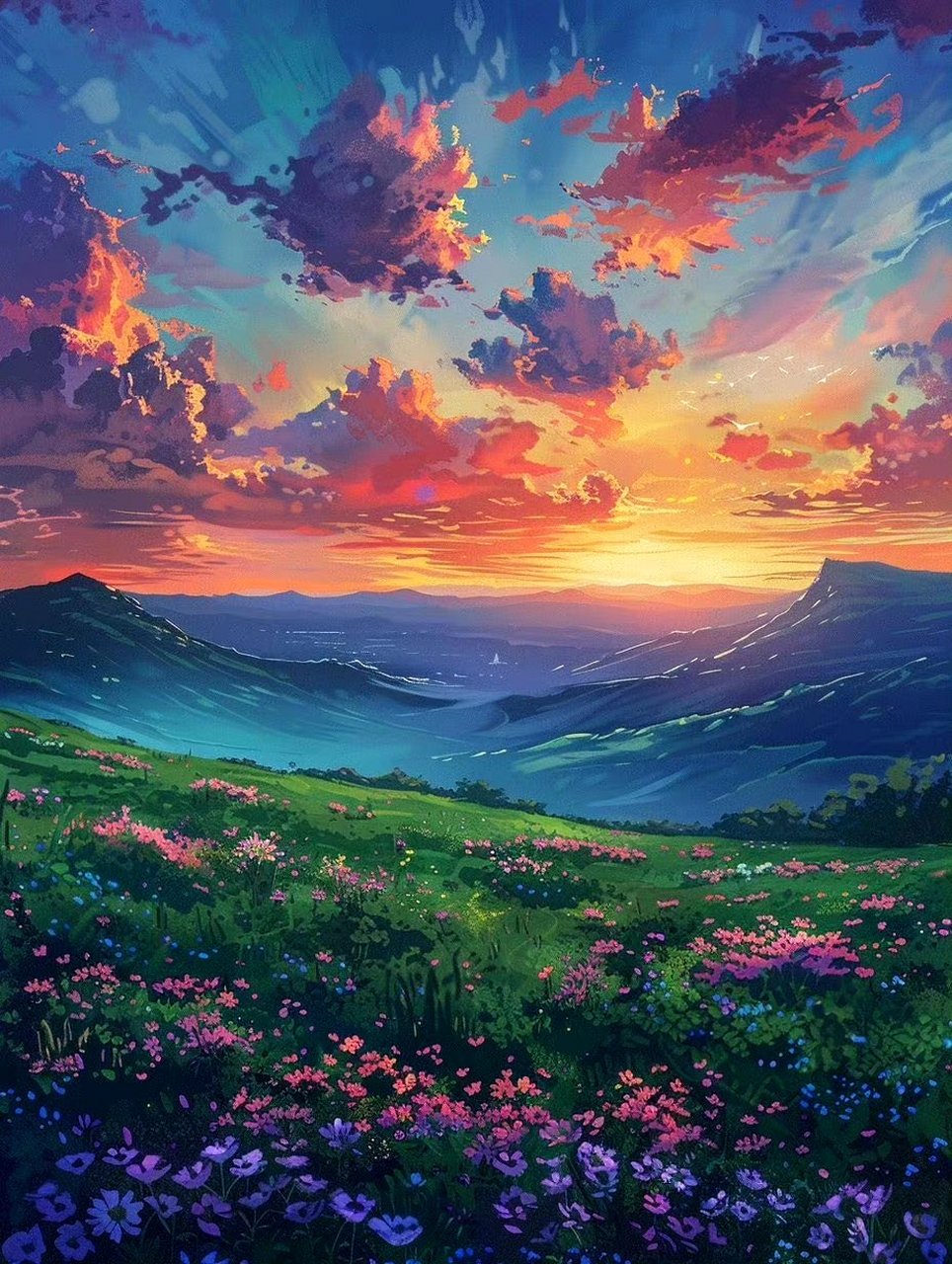 分享一组动漫场景作品,描绘了夕阳下开满鲜花的山坡风景,色彩绚丽