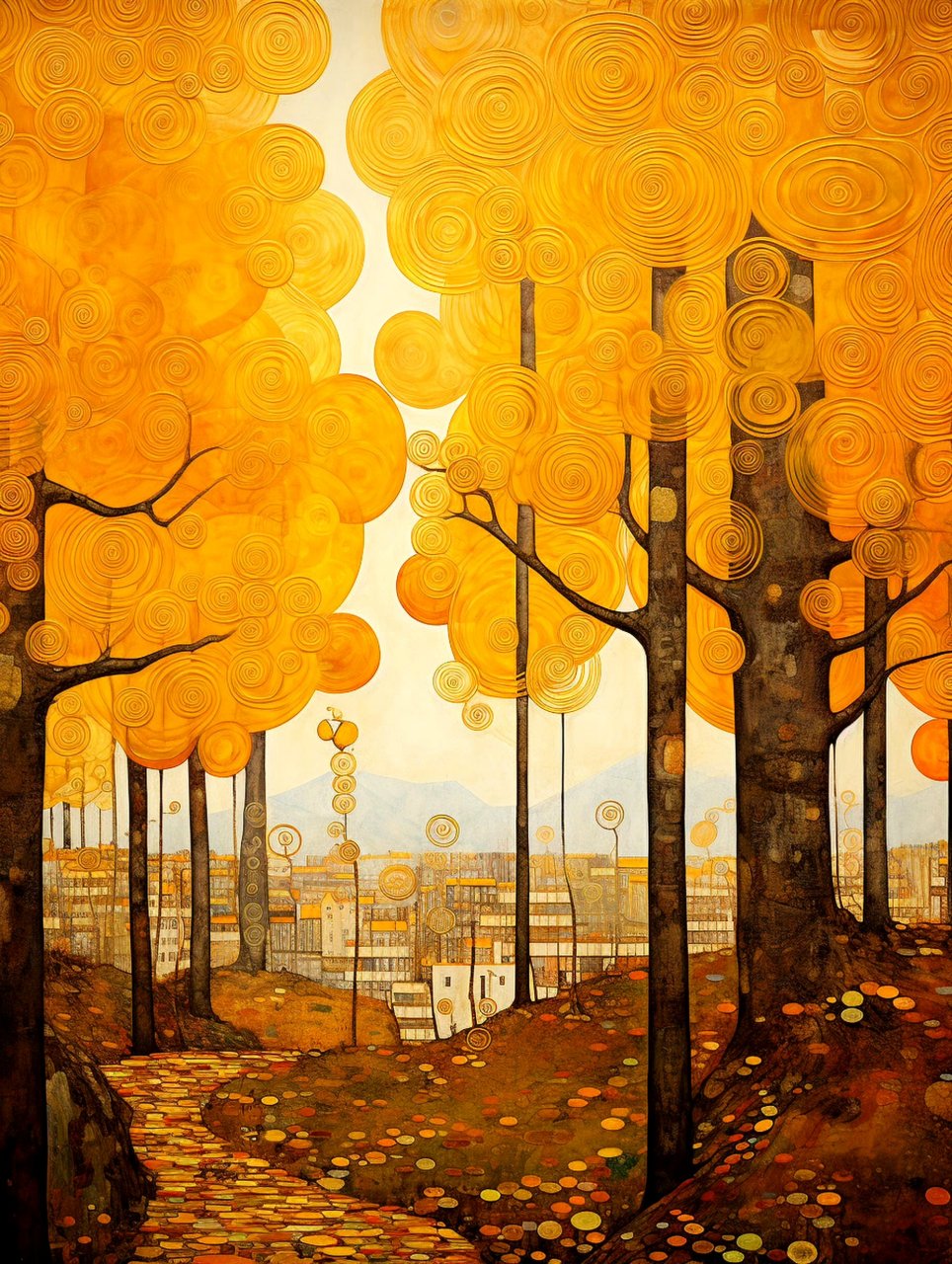 画家克里姆特笔下的自然风光,用圆形图案展现美丽抽象的景象.