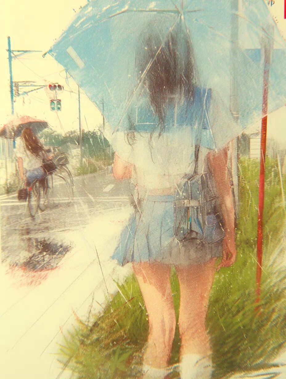分享一组国外画师绘制的动漫场景作品,描绘了雨天的少女形象,画面带有