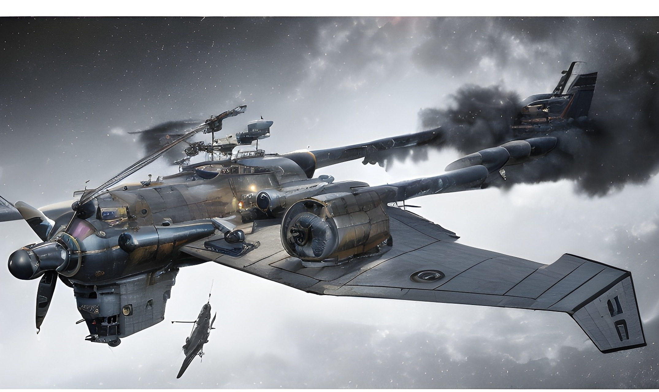 画师"乔安john"创作了一组蒸汽朋克题材游戏的概念设计图,飞行器和