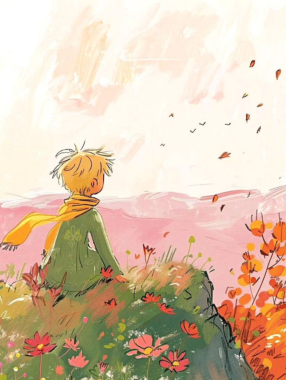 分享一组《小王子》插画作品,展现了书中小王子看日落的场景,契合了书