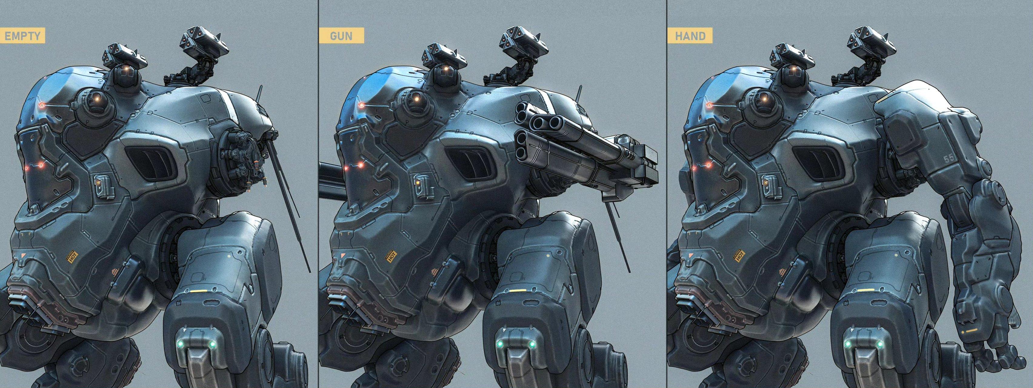 一组机甲设计作品欣赏,这款机甲采用双足行走,装备多种武器,躯干与