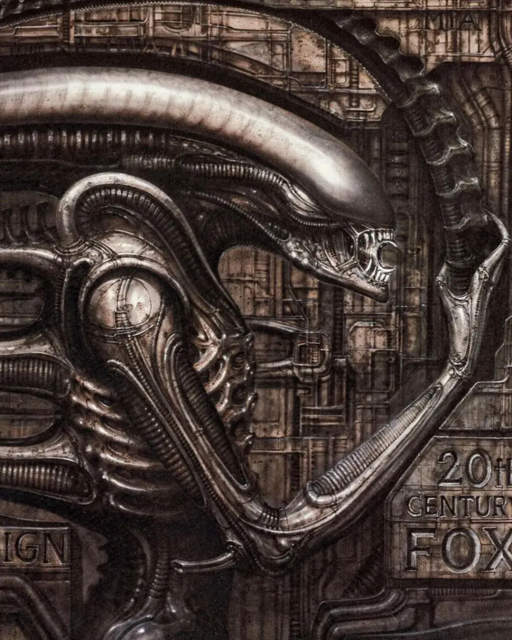 一组电影《异形》概念设计插画作品,融合了壁画,生物和科幻的要素