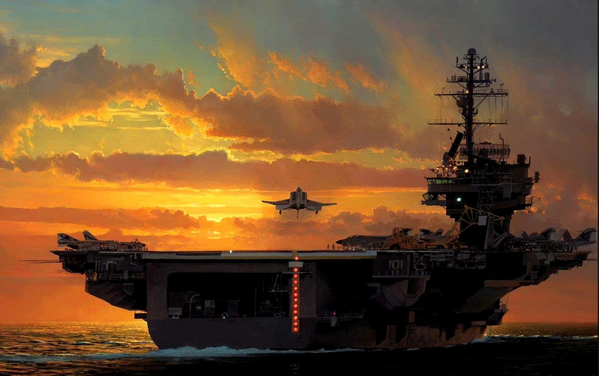 一组战争题材插画,晚霞之中的航空母舰.#动漫# #插画# #航母