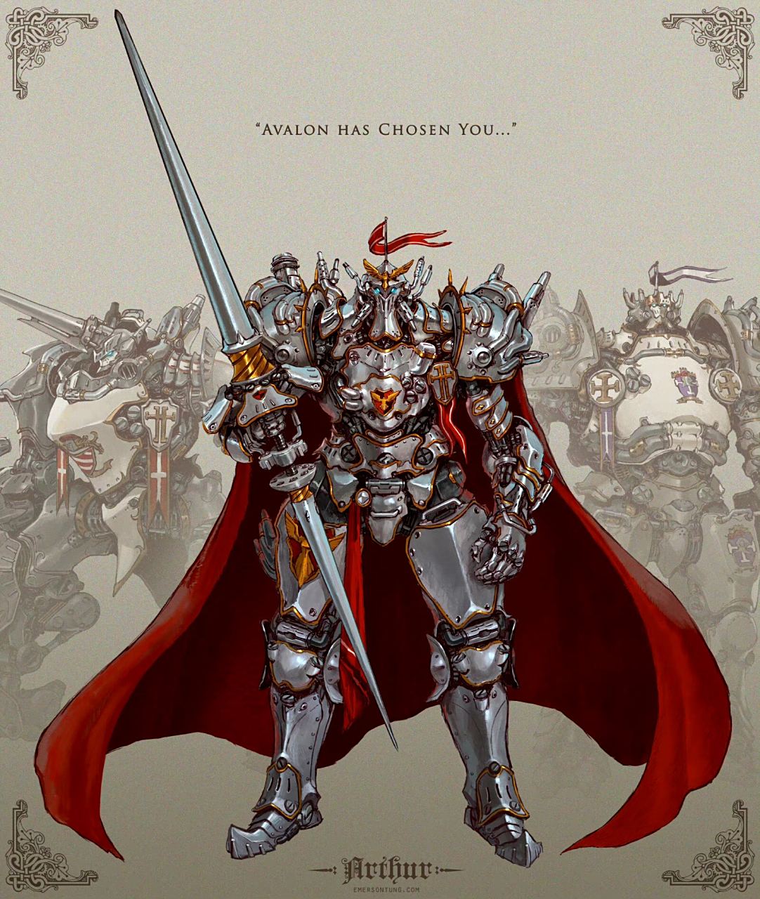 一组复古风格的机甲作品,将中世纪盔甲元素与机械风格结合了起来,by