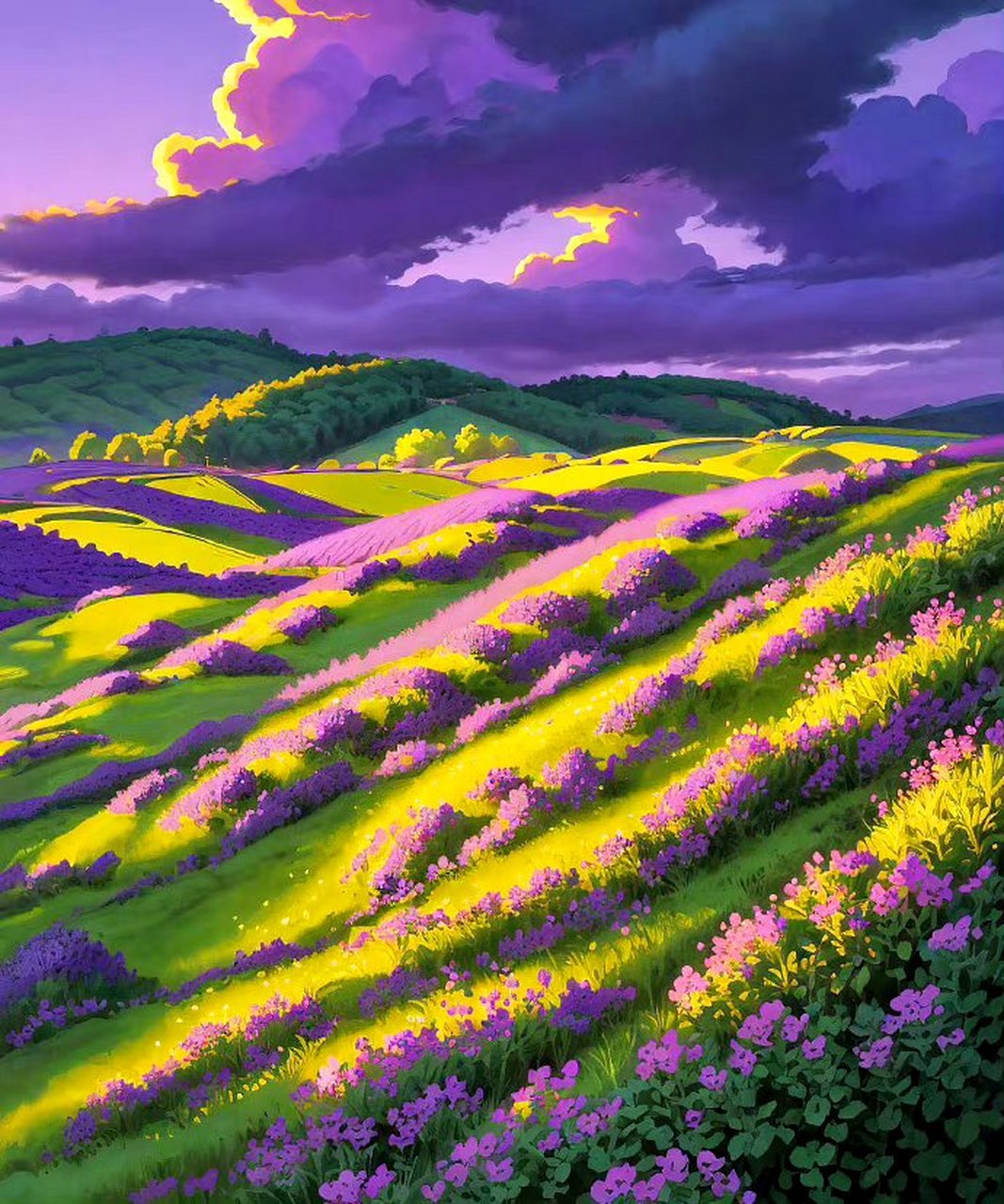 一组ai生成的风景作品,梦幻般的紫色花海