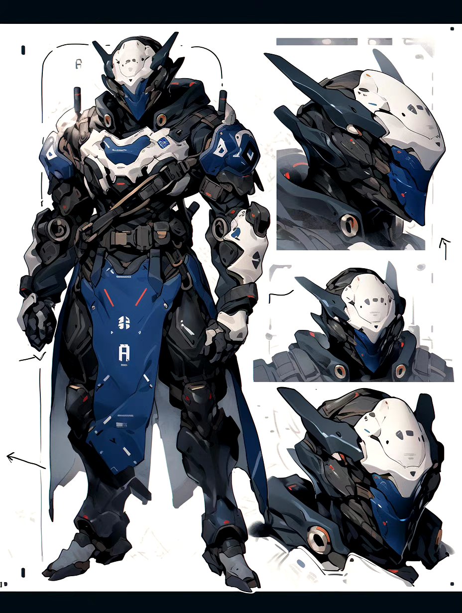 ai生成的一组机甲作品设定图,装甲细部刻画很细致.