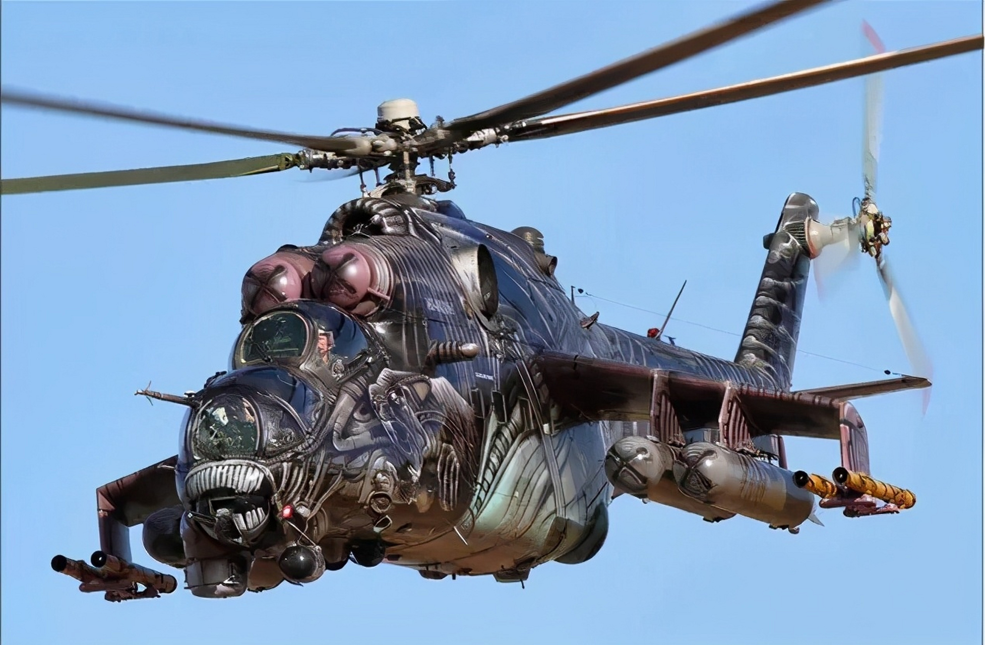 直升机欣赏:俄罗斯 米里设计局 米-24/米-35"雌鹿"武装直升机,是前