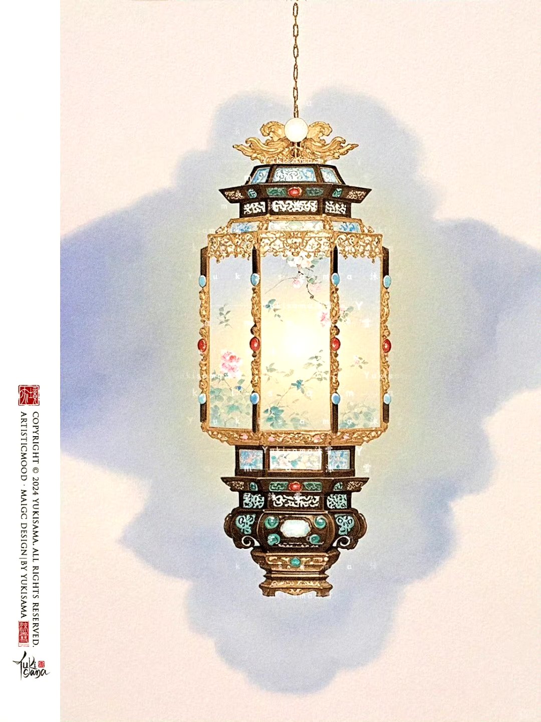 宫灯的正统造型为八角,六角,四角型的,各面画屏图案内容多为龙凤呈祥