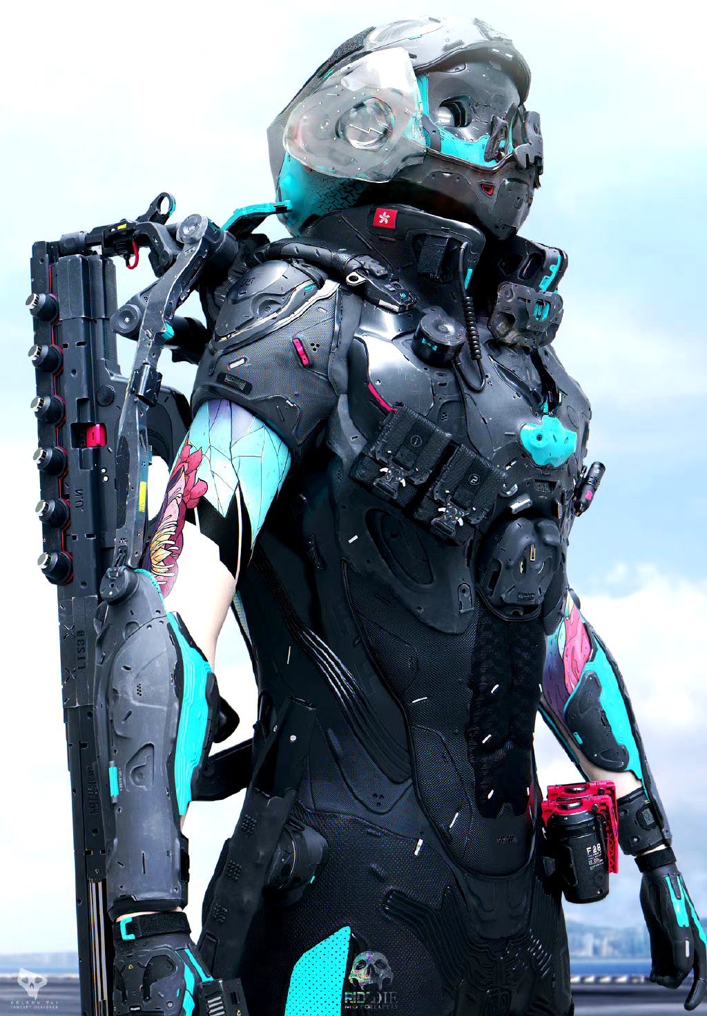 nelson tai外骨骼盔甲与武器设计插画欣赏,很是炫酷,充满了赛博朋克的