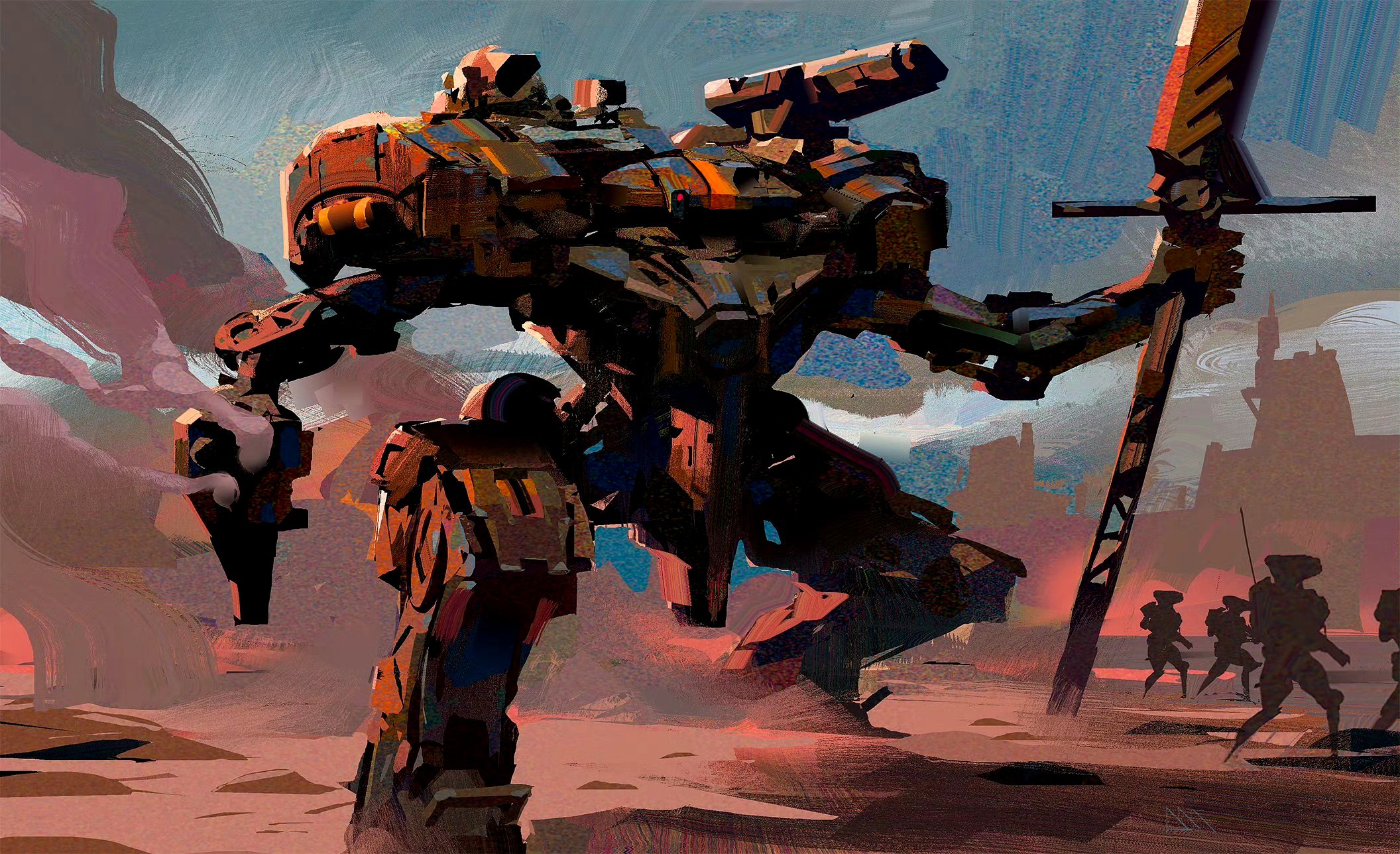 结合机械元素创作出造型独特的机体,展现了它们作战的场景