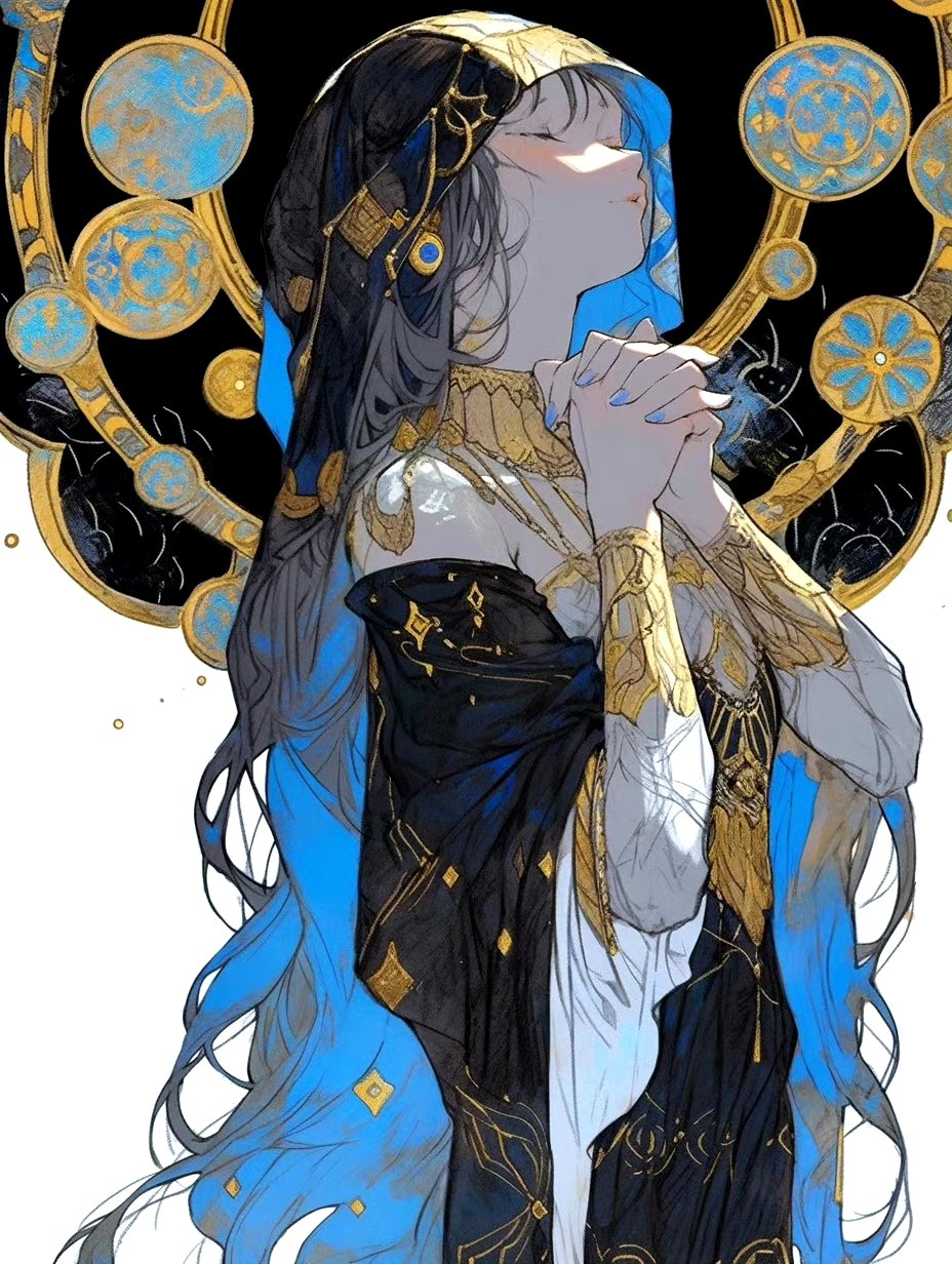 一组以"少女的祈祷"为主题的插画,色彩对比强烈,人物生动传神.