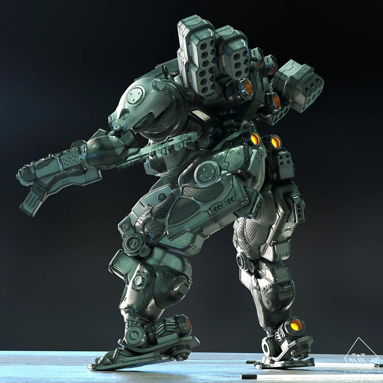 建模欣赏:一组双足作战机甲建模,火力强攻型,by oyk studio.