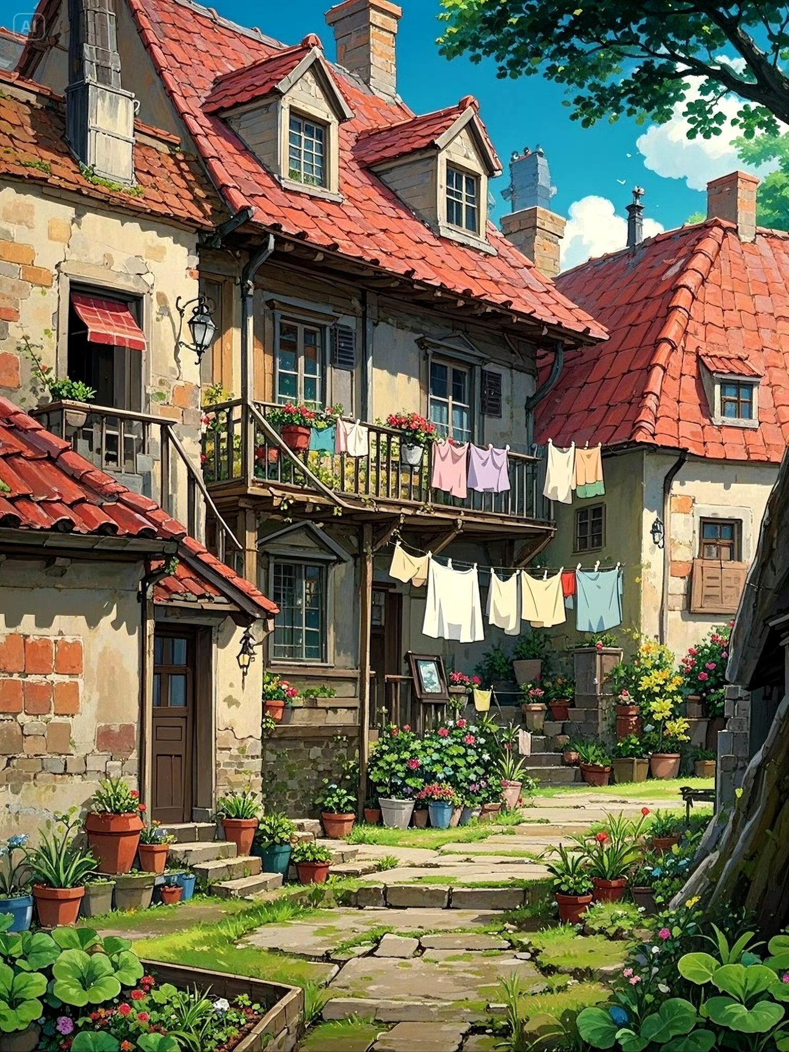 分享一组房屋风景绘画作品,由ai生成,描绘了复古小屋与建筑的场景