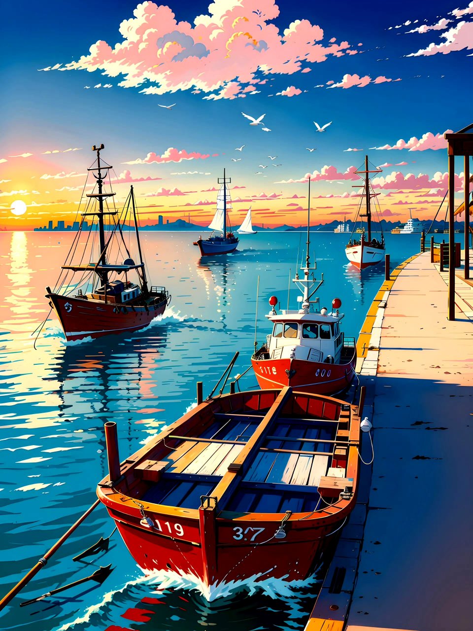 一组ai生成的风景插画作品,夕阳下的港口,海天一色,by midjourney.