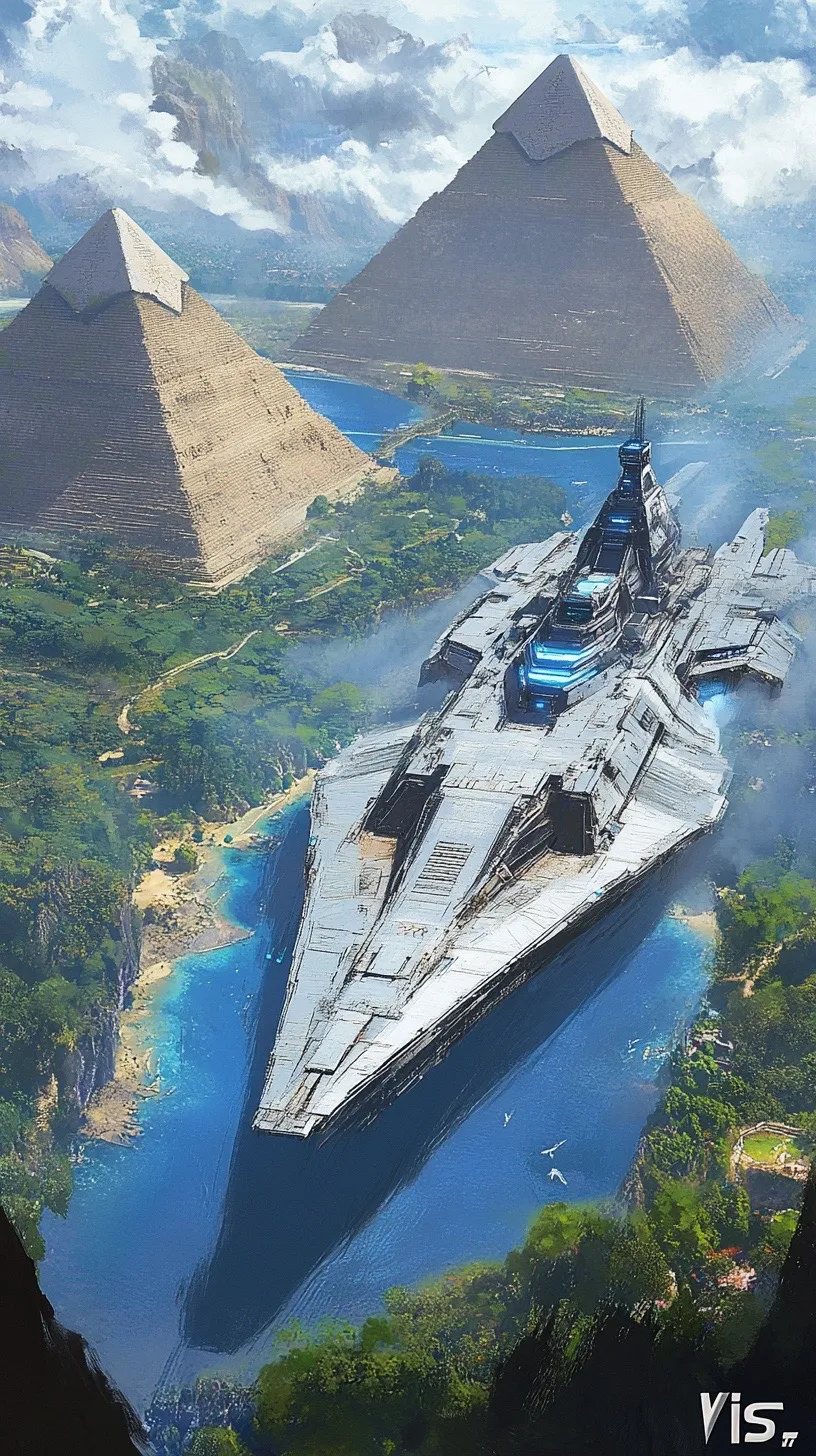 ai生成的一组科幻场景作品,描绘了在金字塔旁降落的太空战舰,将给人类