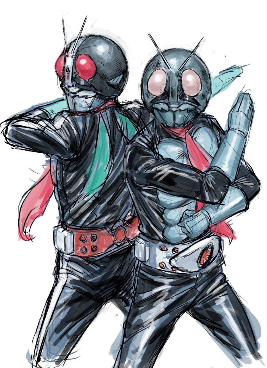 一组假面骑士同人插画欣赏,展现了一号和二号的形态,动态感十足.