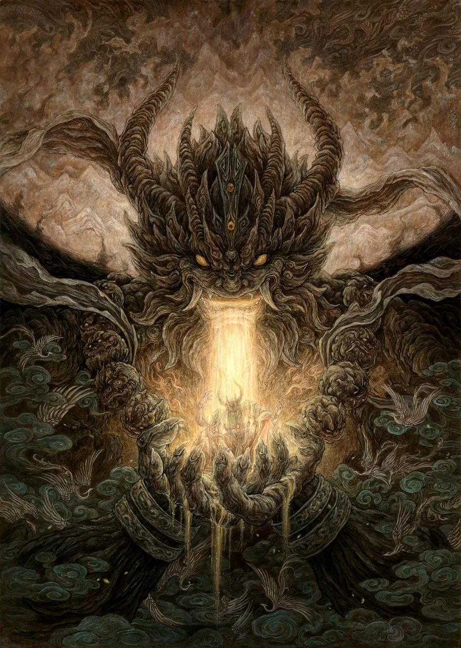 画师杉泽创作的一组以《山海经》为主题的绘画作品,用绚烂的色彩再现