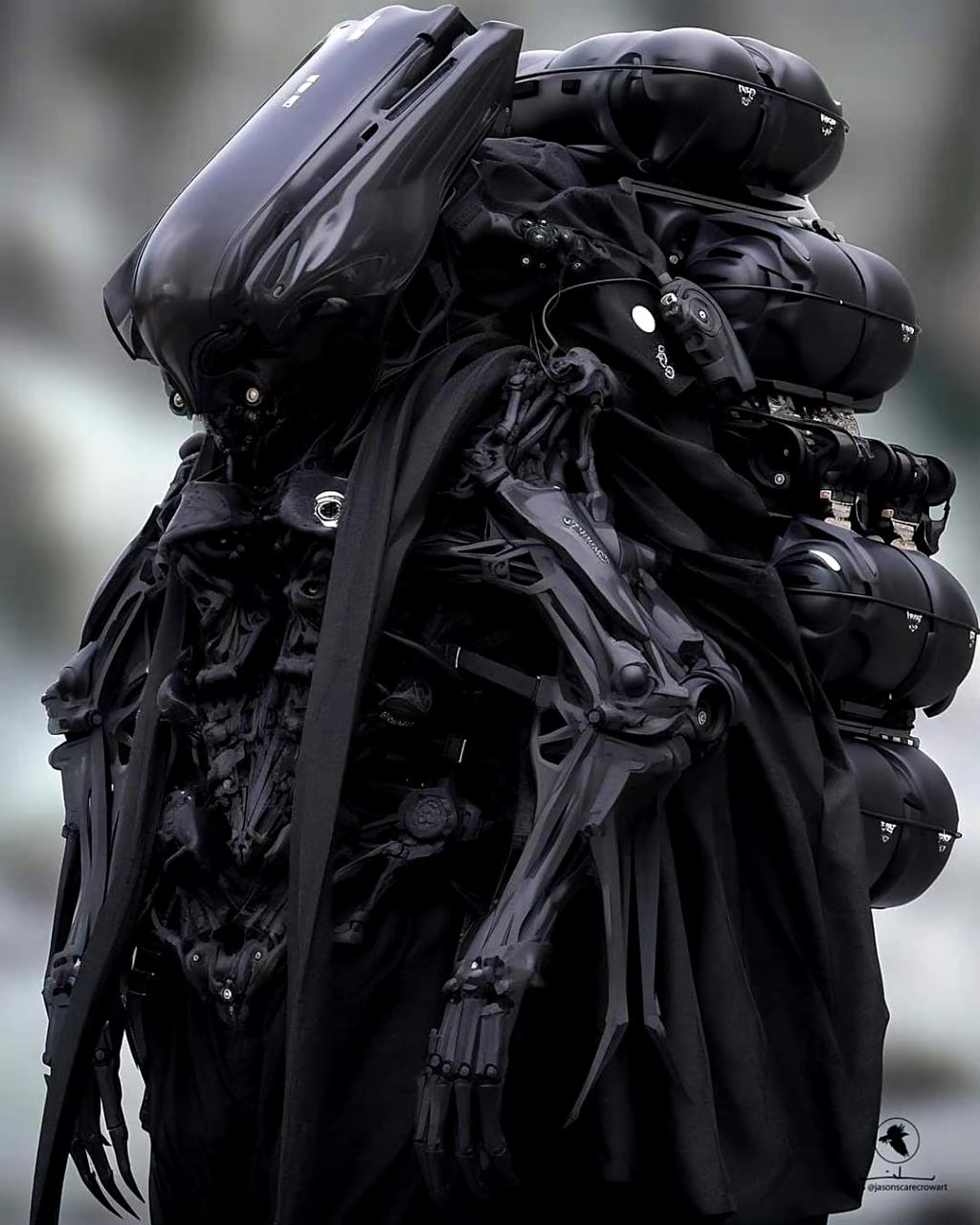 一组ai生成的外骨骼作战服设计,结合了赛博朋克与生化科技元素,by mid