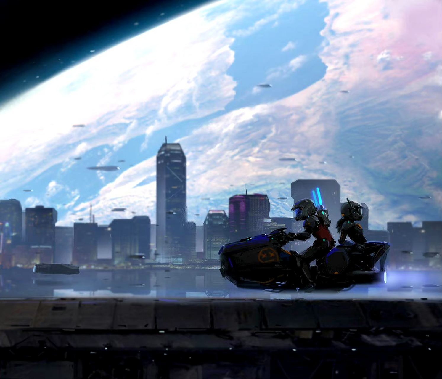 一组太空城市的景色欣赏,远处就是蓝色的地球,by  jongwon park.