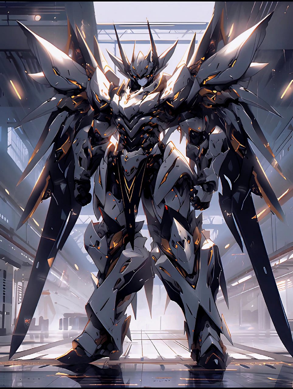 一组ai生成的机甲插画作品,金色与白色相间的外甲,华丽而帅气.