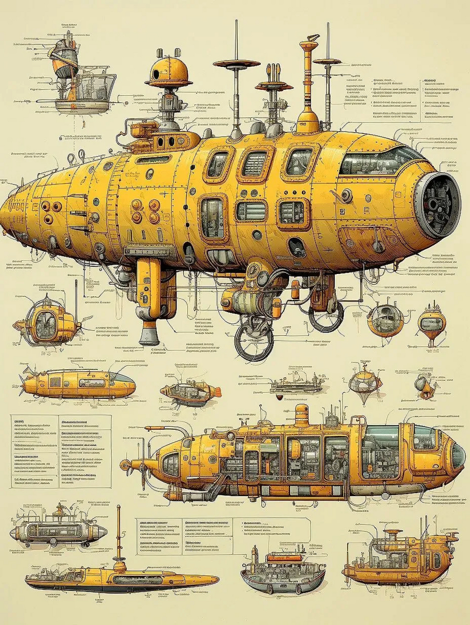 一组ai设计的潜水艇插画作品,有现实中的影子,不过还是似是而非.