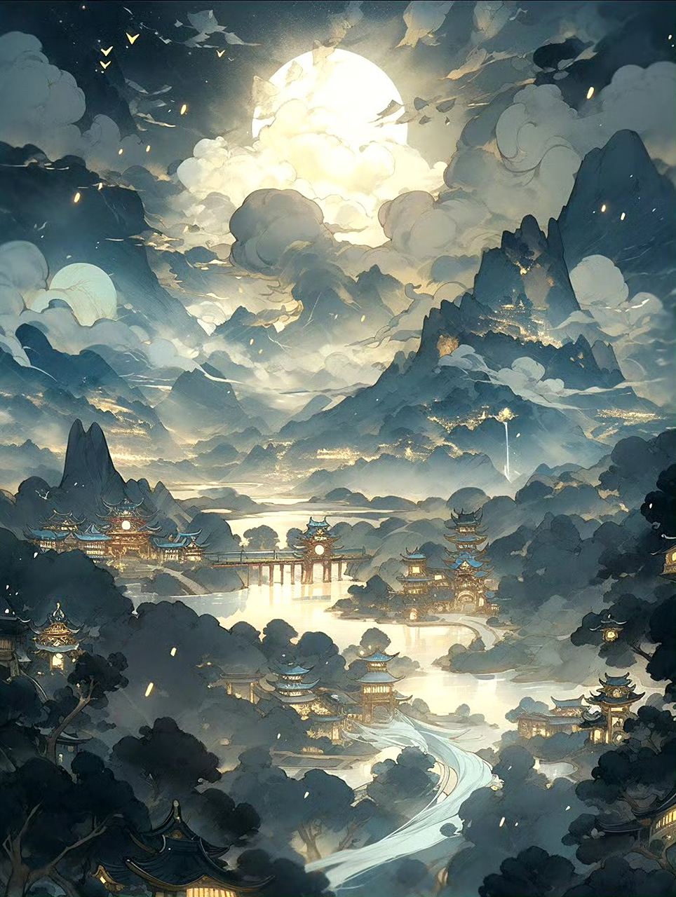 ai生成的一组山水风景插画作品,繁星之下的山水楼阁,山水星辰可摘.