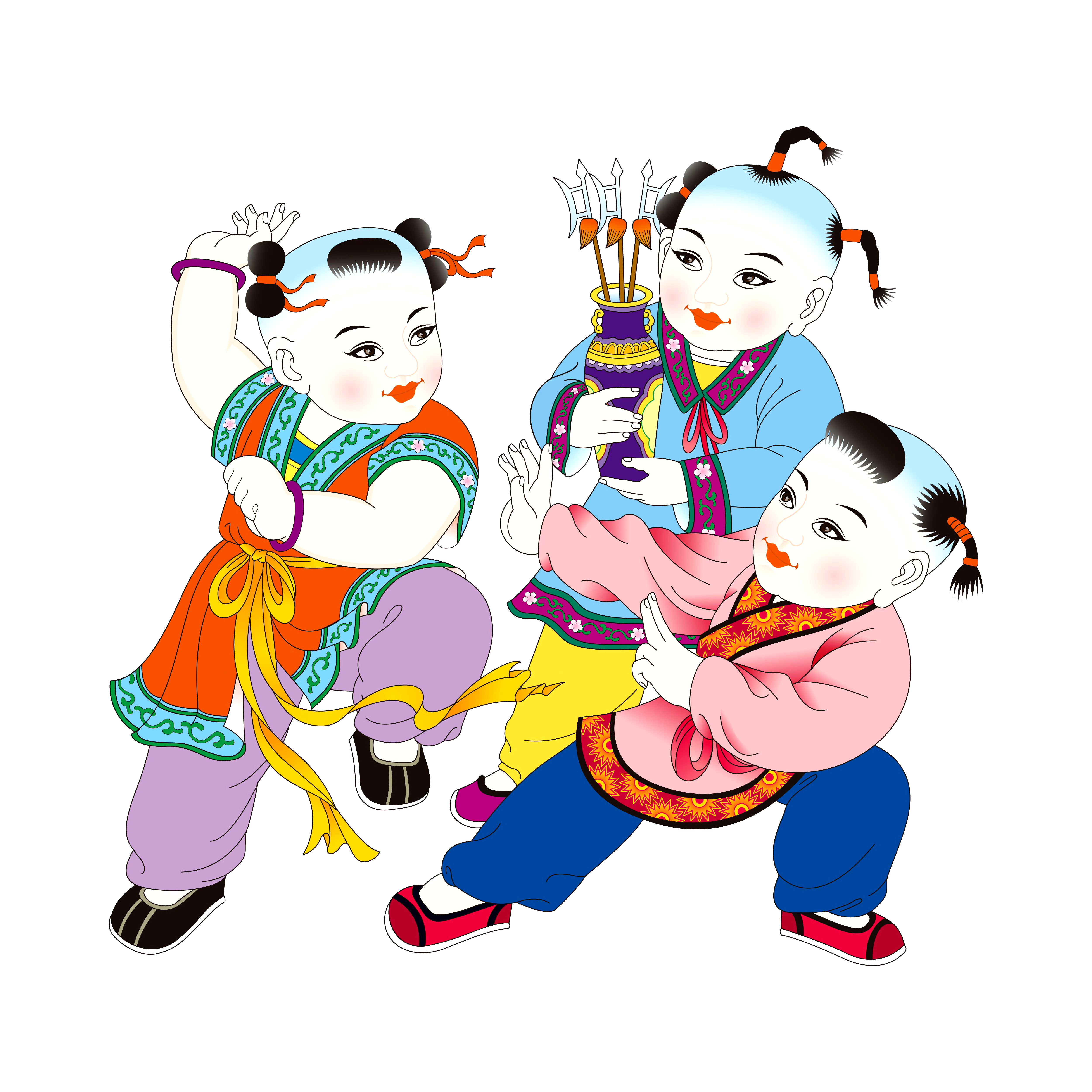 招财童子通常被描绘为一个活泼可爱的小男孩,穿着传统服饰,手持金元宝