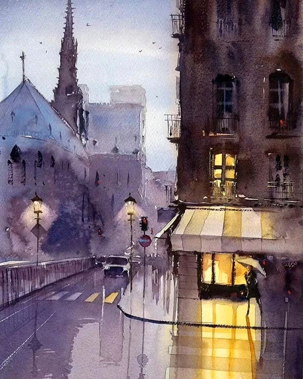 美国画家罗恩·斯托克水彩风景插画欣赏,展现了城市的风景.