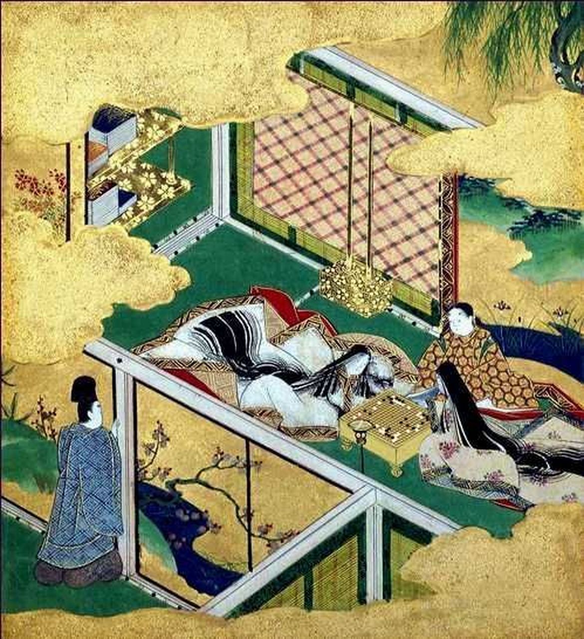 岛国画家绘制的《源氏物语》绘画作品,运用多种色彩描绘了清风明月的