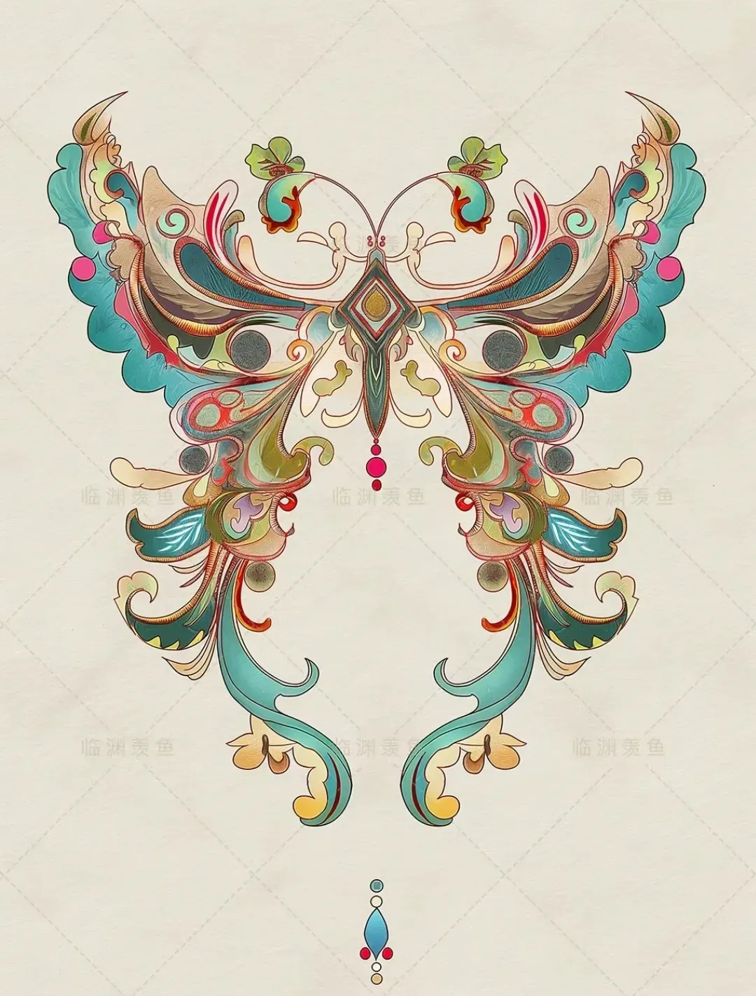 分享一组敦煌壁画纹样插画,描绘了形态各异的蝴蝶花纹,造型华丽而充满