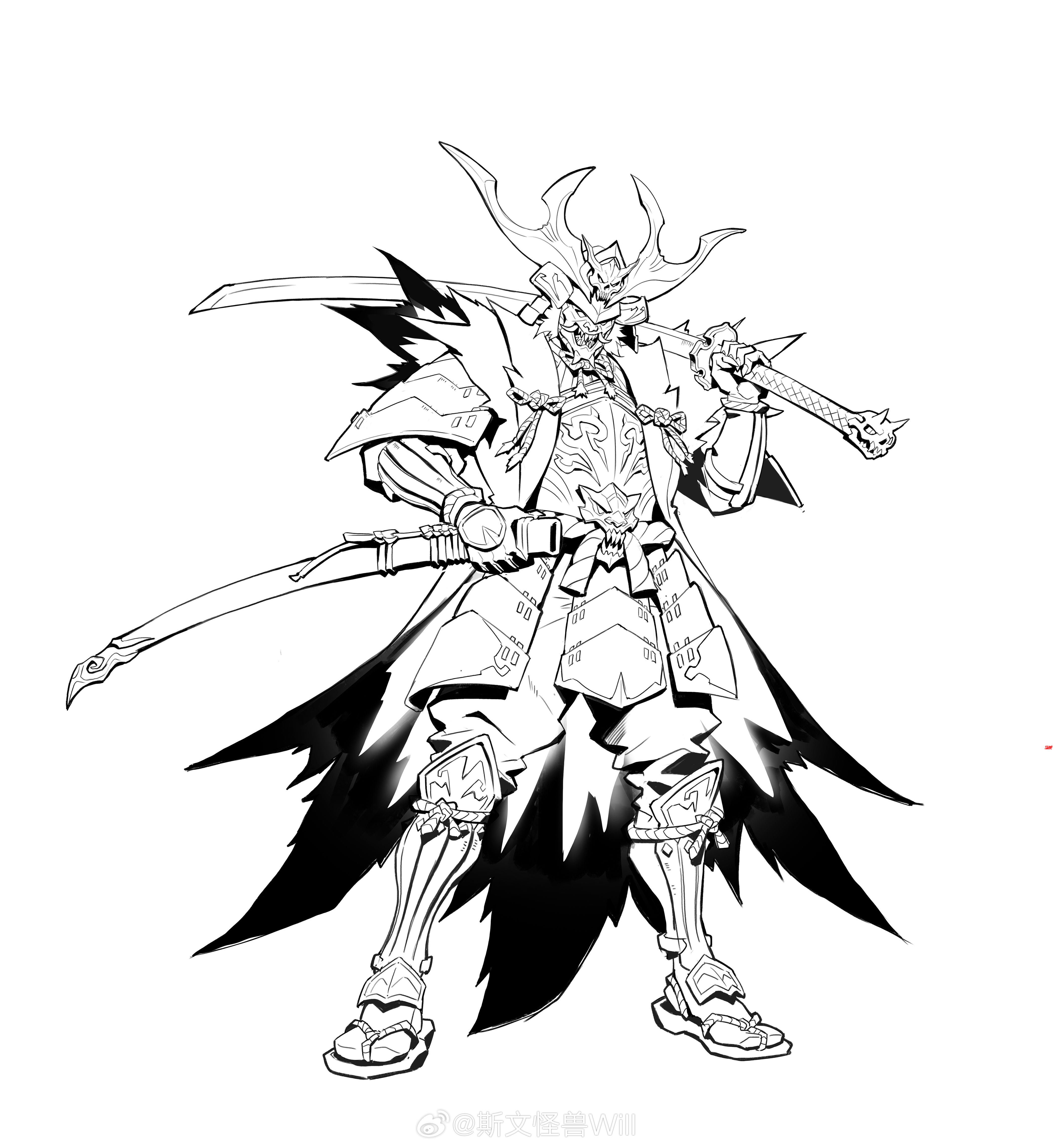 画师斯文怪兽为某款游戏设计的角色线稿作品,采用了中世纪的风格,人物