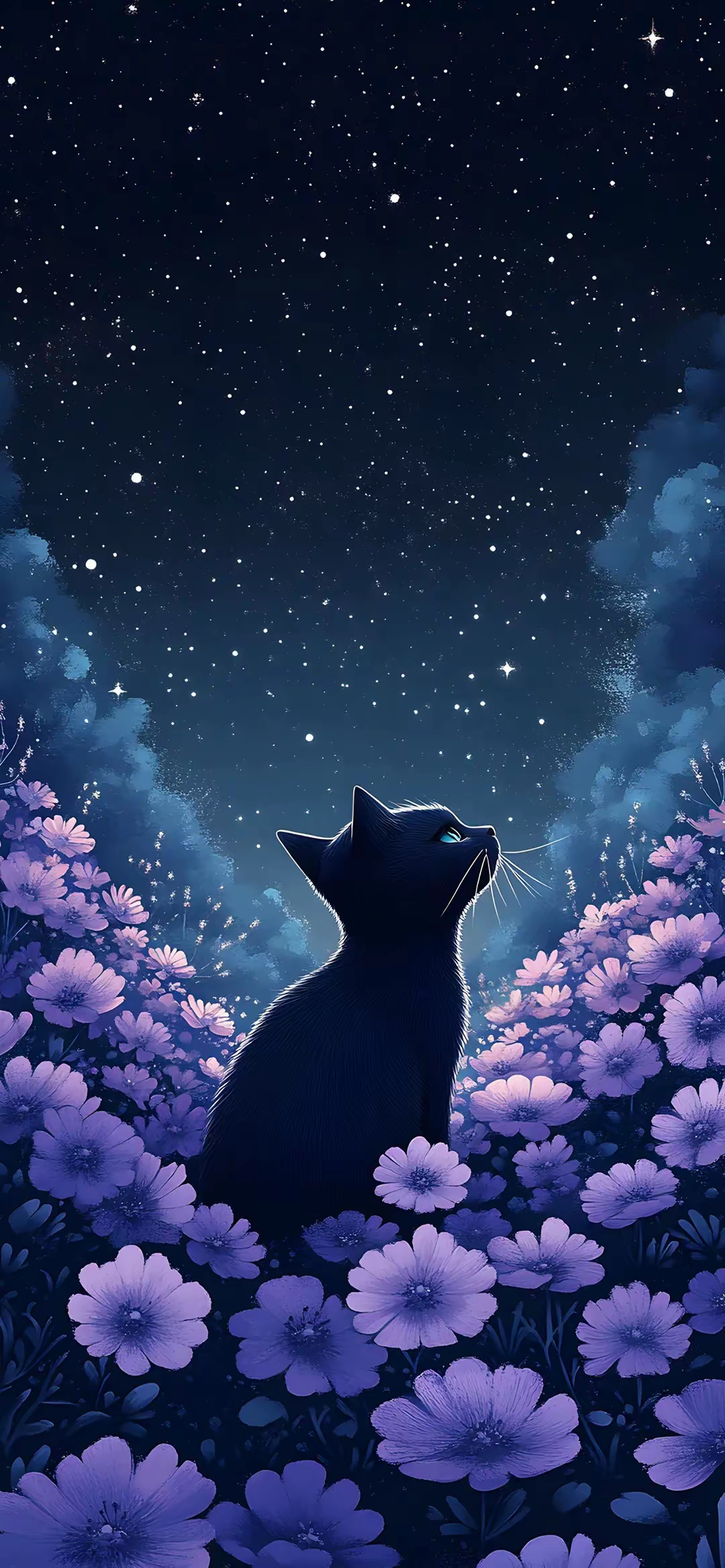 分享一组动漫猫咪插画作品,描绘了它们仰望星空的场景