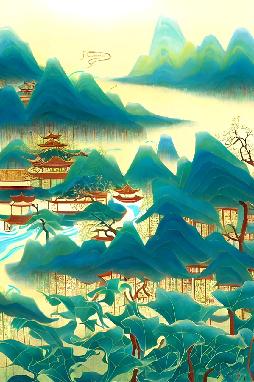 ai生成的一组国风山水插画作品,浓黛绣苍山,翠绿描江岛.