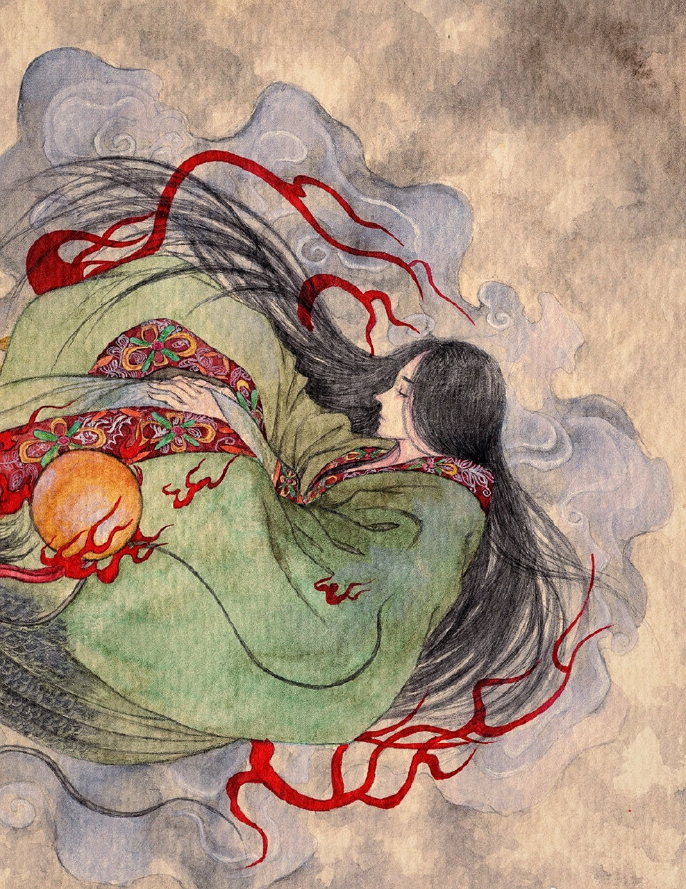 画家欧阳晓丹创作的神话故事绘画作品:《子不语:龙母》.