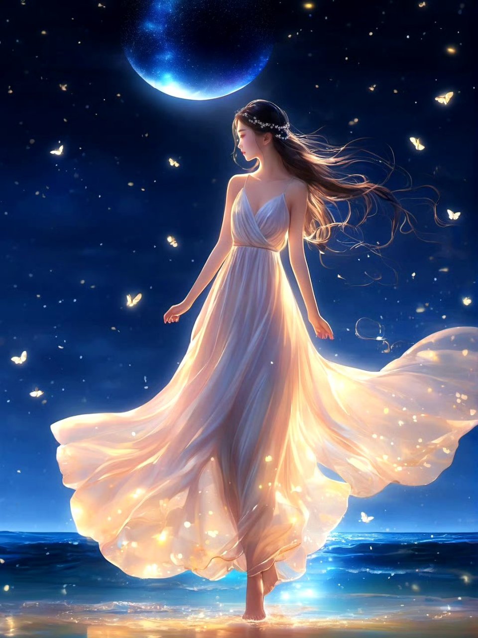 一组ai生成的动漫人物插画作品,月光下轻舞的女孩.