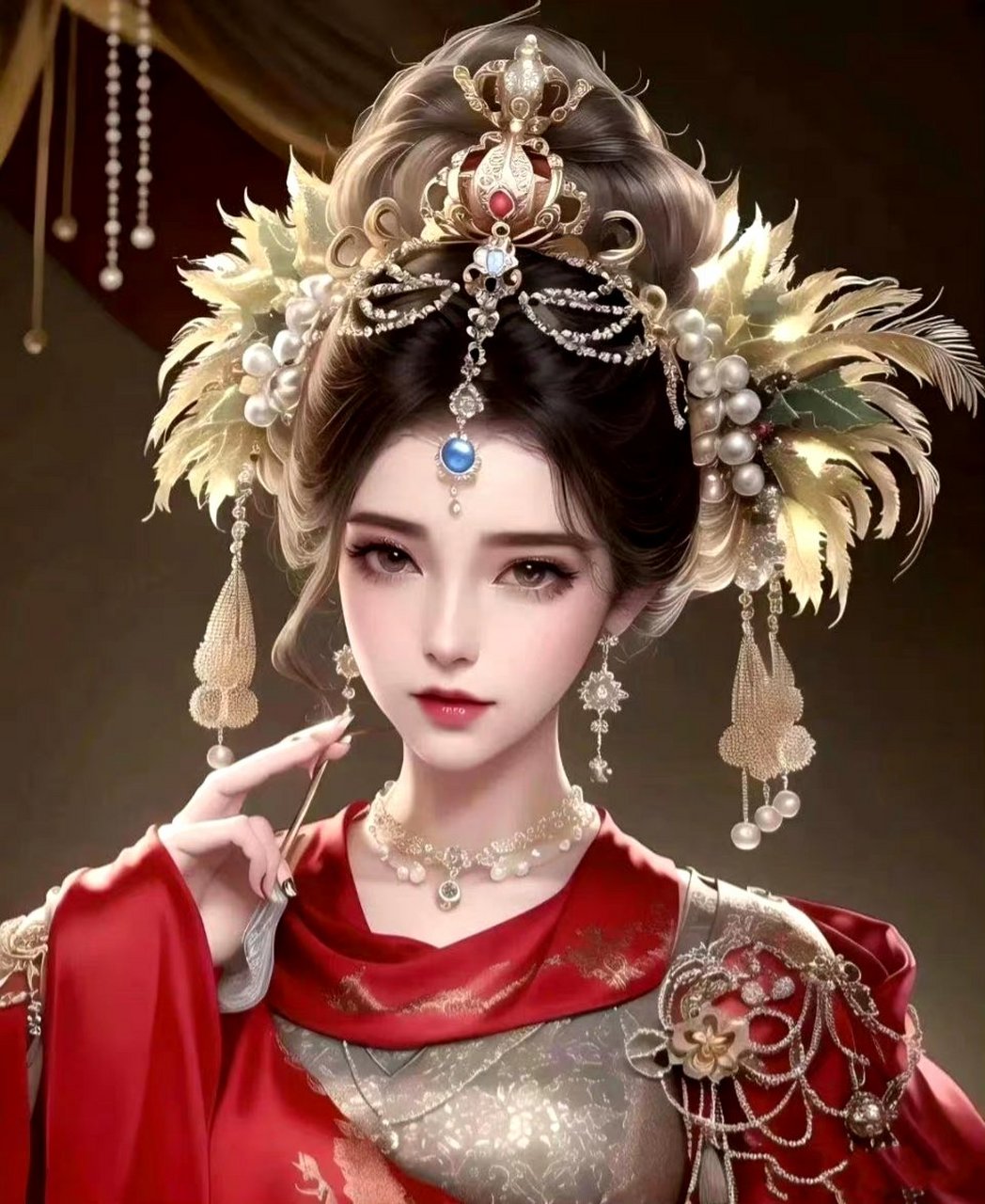 一组ai生成的古风凤冠头像插画,by midjourney.