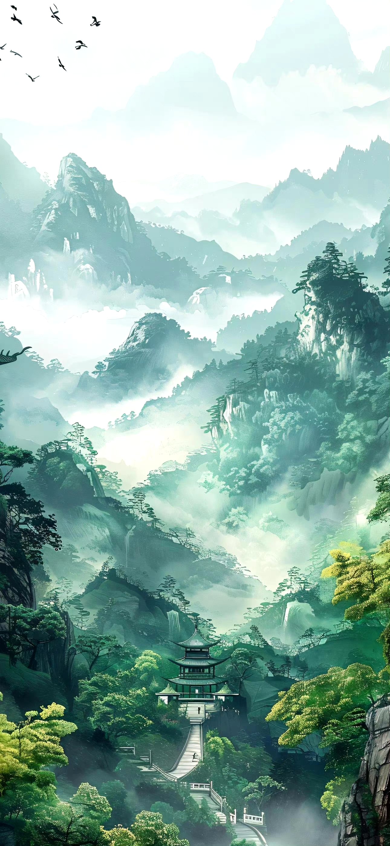 分享一组国风山水绘画作品,由ai生成,描绘了层峦叠嶂的山川景色,展现