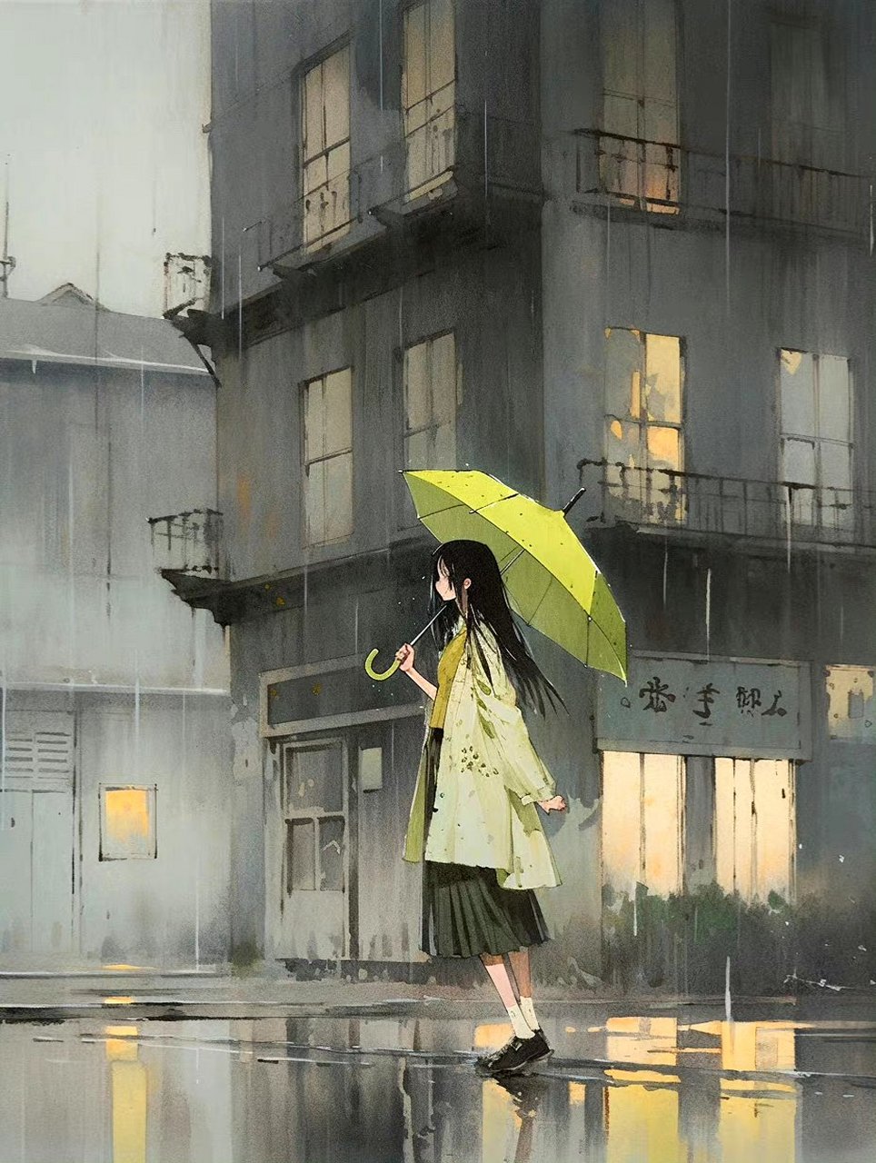 一组ai生成的人物插画作品,一个人的雨天,by midjourney