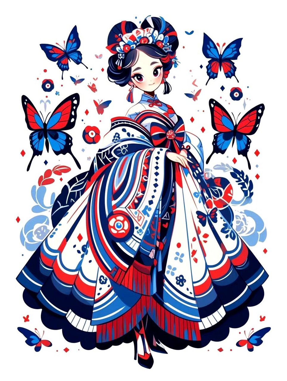 ai生成主题为《蝴蝶姑娘》的插画作品,有剪纸的风韵.
