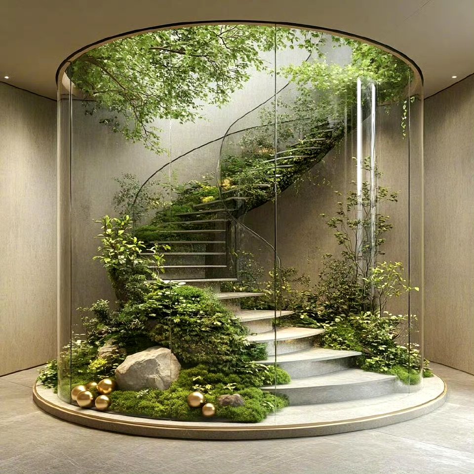 将蜿蜒的楼梯与绿色植被结合,形成了有机的景观