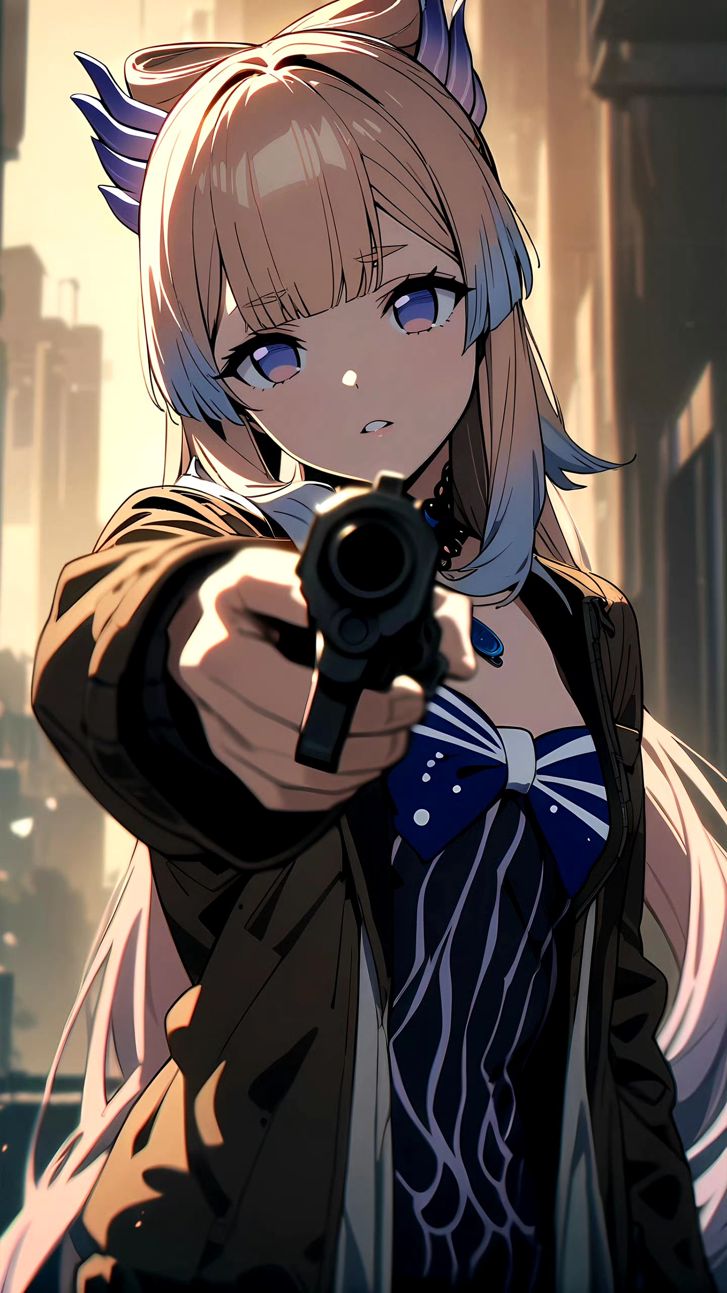 分享一组ai生成的动漫人物插画作品,展现了举枪瞄准的少女形象