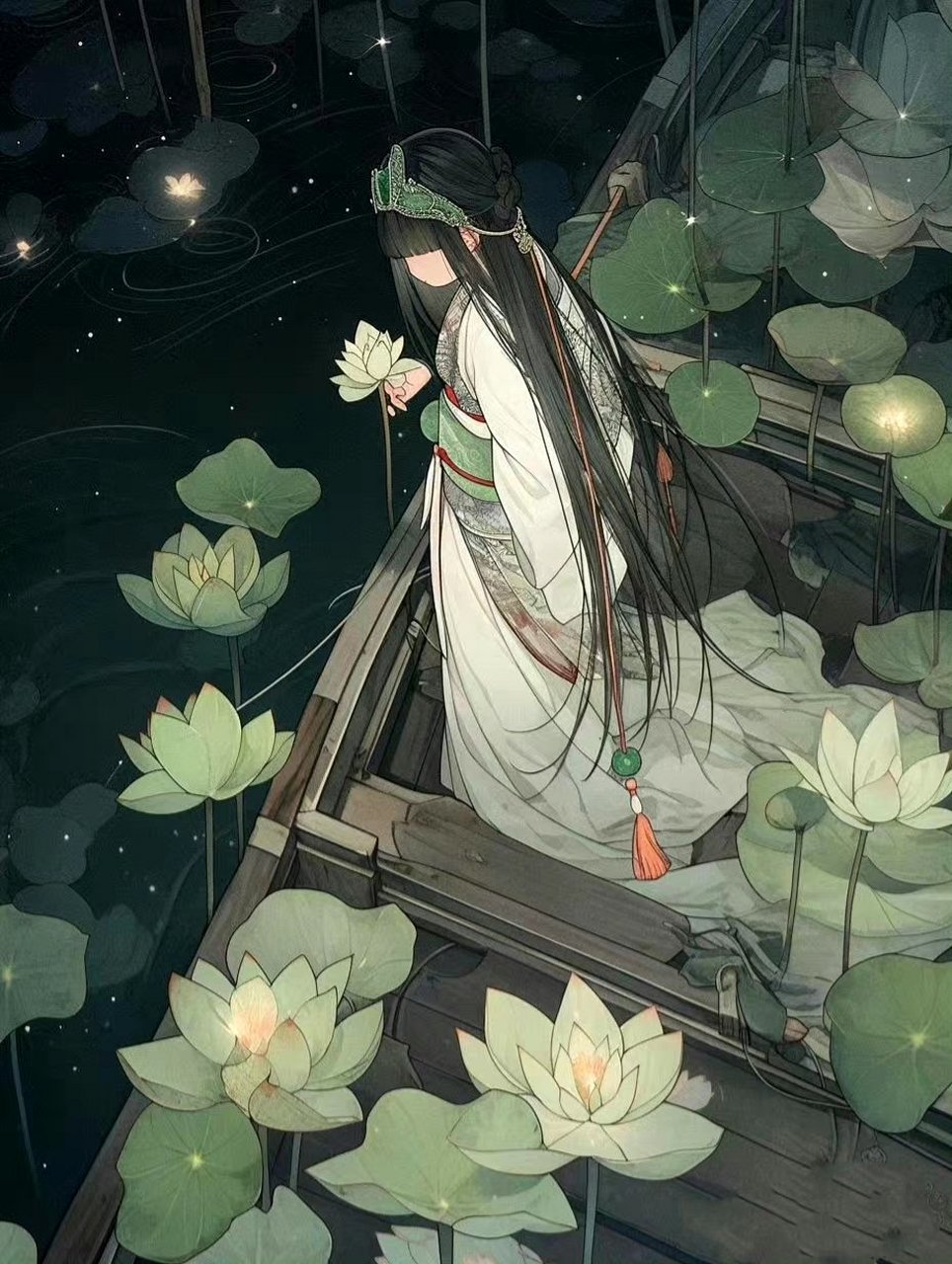 一组ai创作的古风人物插画,荷畔夜泛舟,月上柳梢头,by midjourney.