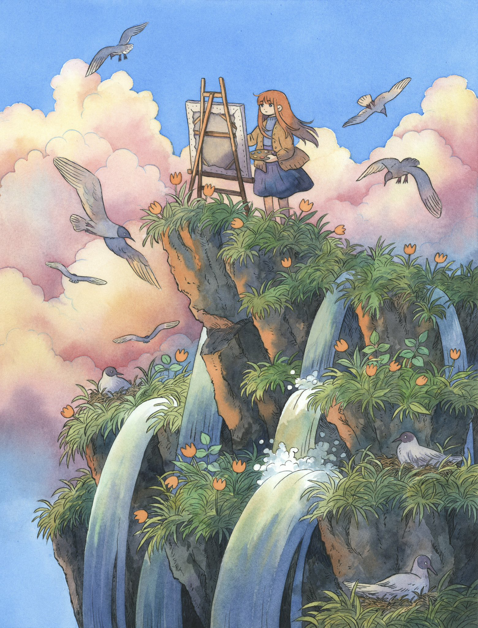 她擅长使用水彩和水墨进行创作,风格清新治愈,画作充满了童话般的氛围