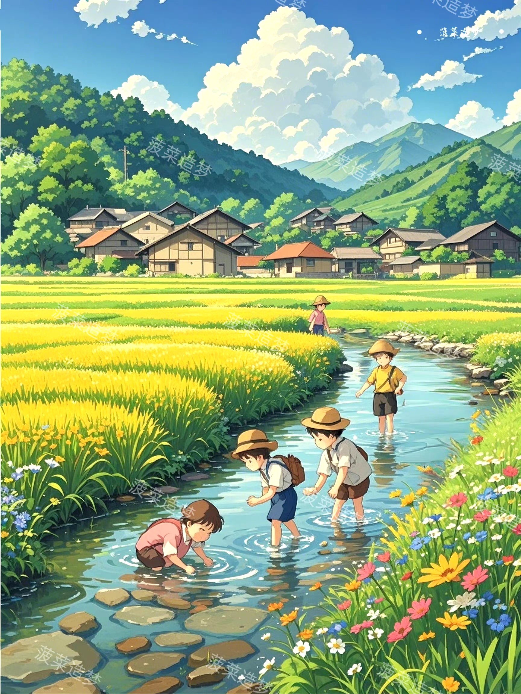 ai生成的一组动漫场景作品,展现了孩童在夏日稻田中嬉戏的景象