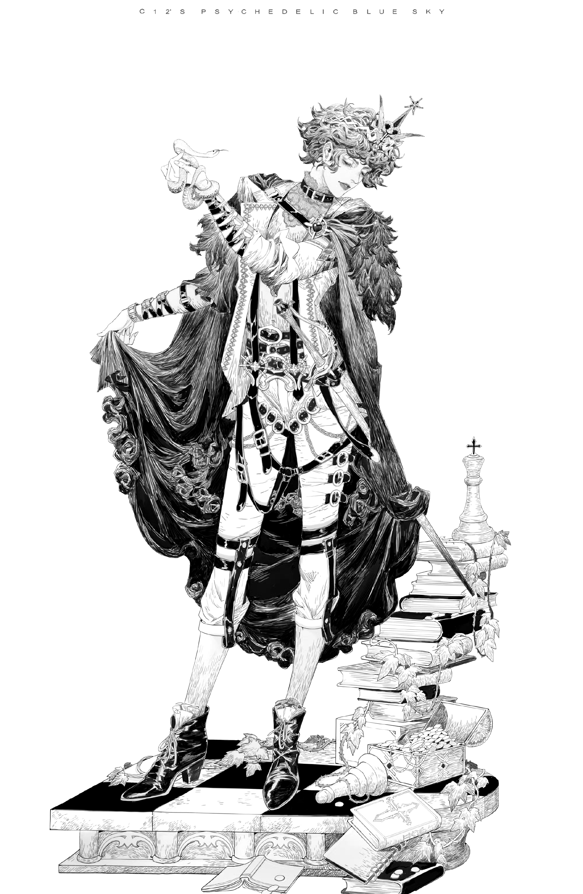 画师冯伟绘制的《露娜的棋子》人物线稿作品