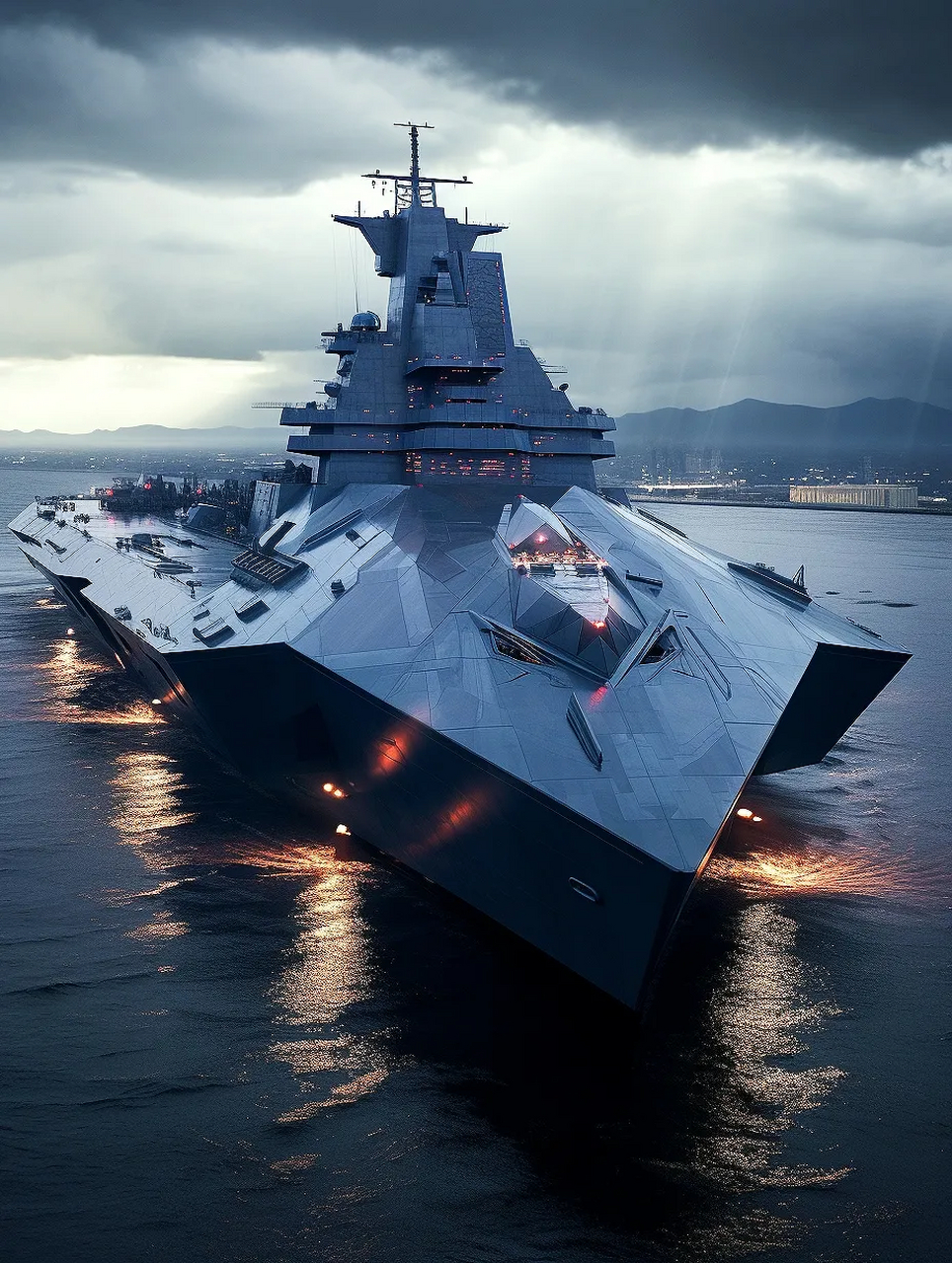 一组ai生成的未来战舰插画作品,外形上兼顾隐身,有现实中舰艇的影子.