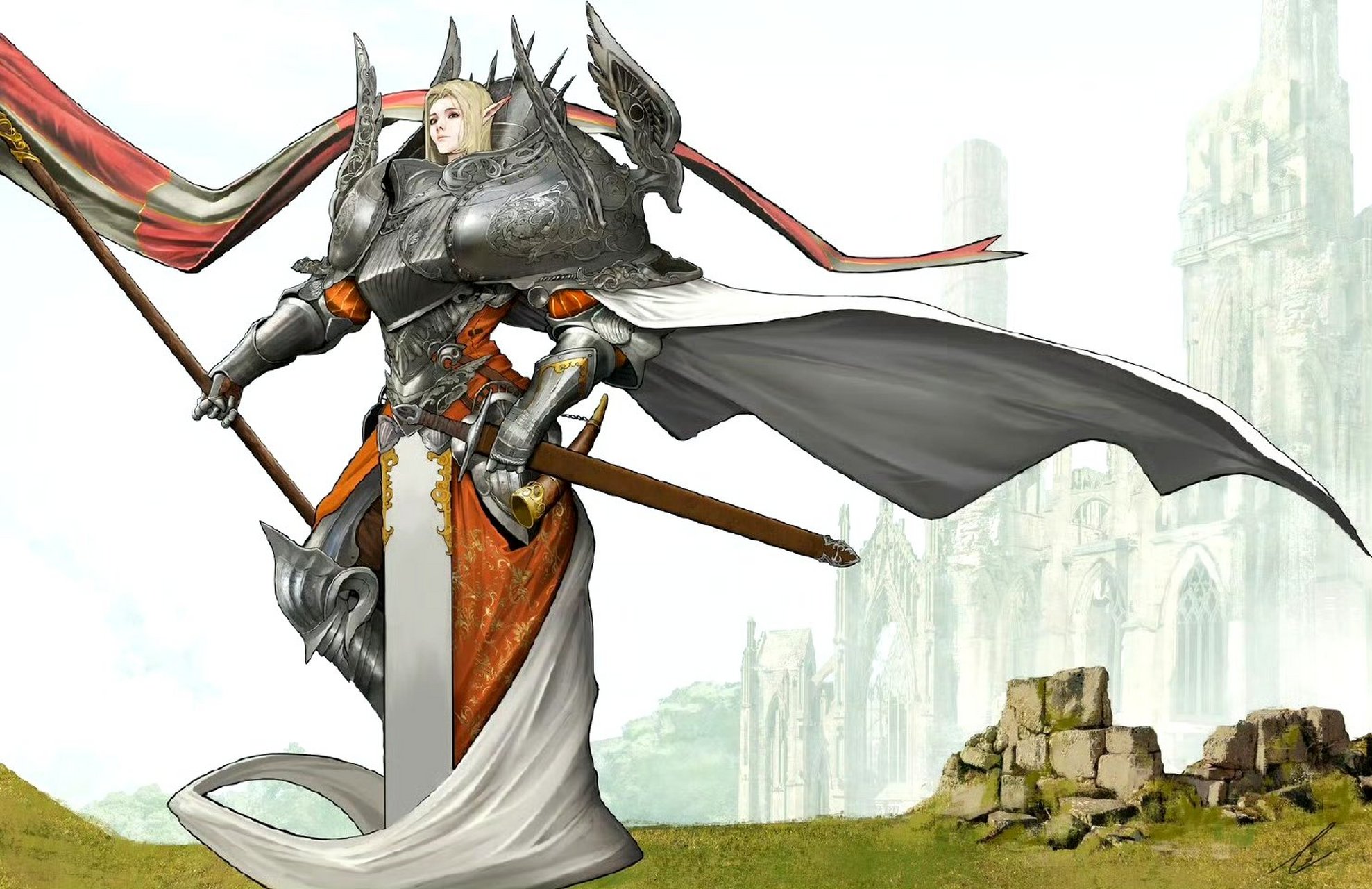 yoshida动漫人物插画欣赏,用细腻的画风描绘了身着华丽铠甲的战士形象