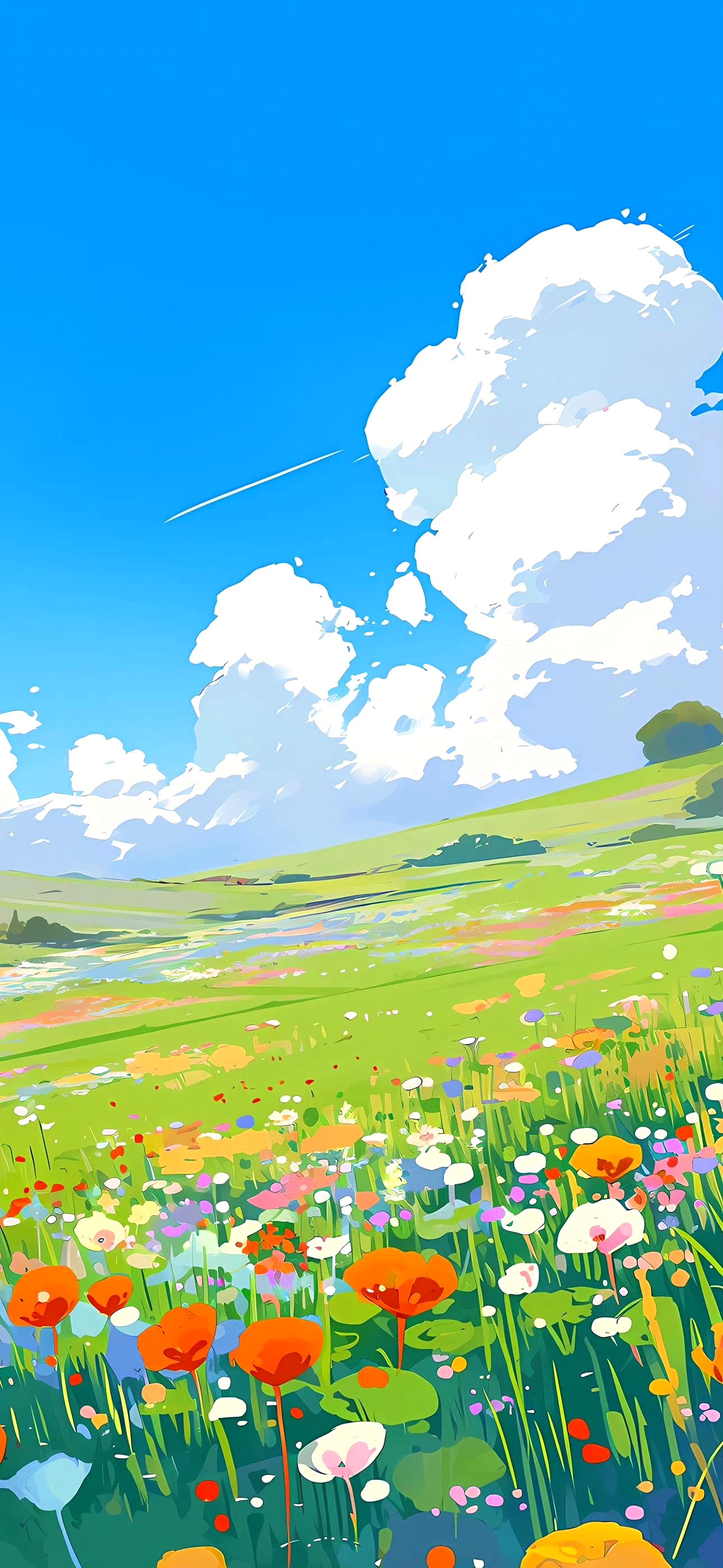 ai生成的一组风景绘画作品,描绘了郁金香盛开的景色,鲜花与晴空构成了